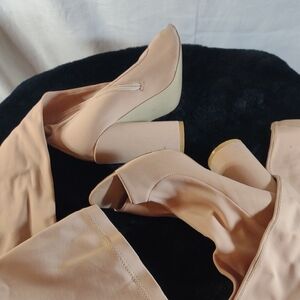 Nude/Creamy Peach Thigh High Women's Peep Toe & Block Heel Boots - Size 8